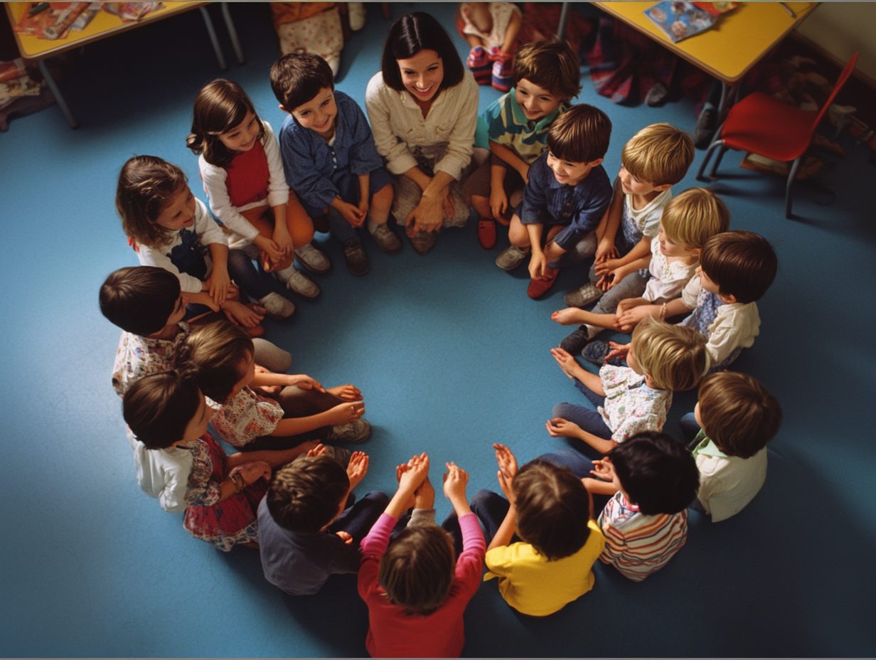 kids sitting in a circle playing a quick game in the classroom